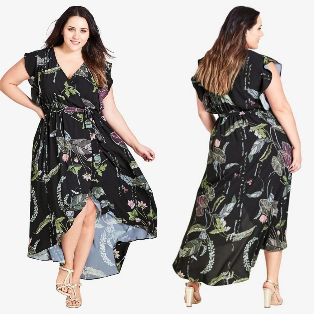 NWT City Chic Black Lily Pad Floral Wrap Dress